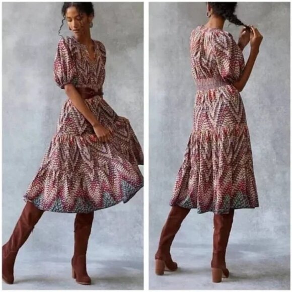 Anthropologie Dresses & Skirts - Anthropologie Conditions Apply Preppy Puff-Sleeve Geometric  Midi Dress Sz 16